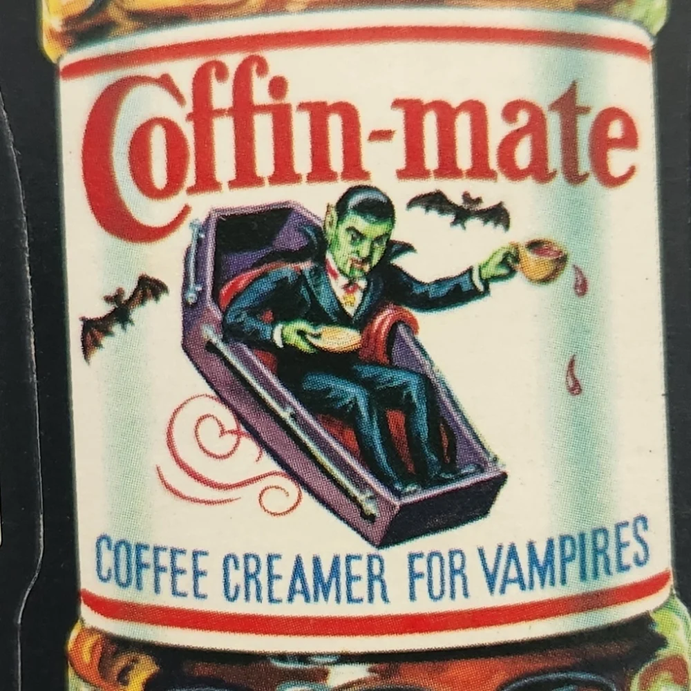 🧛RARE Tan Back Vintage 1973 Wacky Packages - Coffin-mate Sticker (Topps) 🧛‍♂️☕